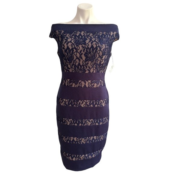 Jax NWT $119 Navy Lace Overlay Sheath Dress Off-Shoulder Neckline Women's Size 8 - Picture 1 of 10